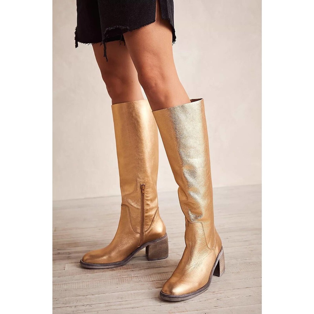 Free People Womens Shoes Metallic Gold Essential Tall Slouch Boots Size 7